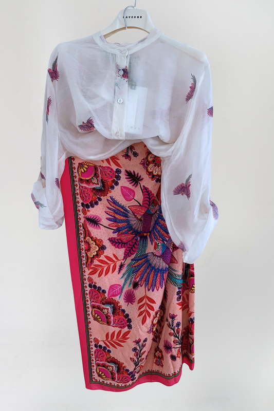 Have One Set Pareo lang Birds of Paradise Pink Bluse Papagei transparent