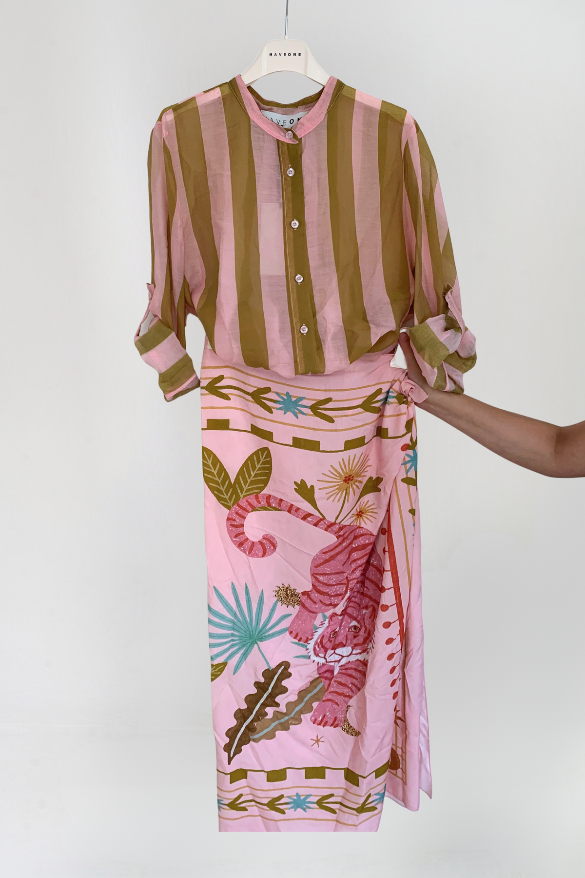 Have One Bluse Streifen Hellrosa/Oliv