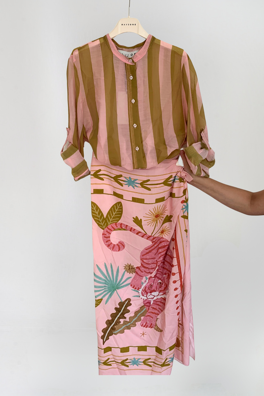 Have One Set Pareo lang Tiger rosa mit Bluse Streifen hellrosa/oliv